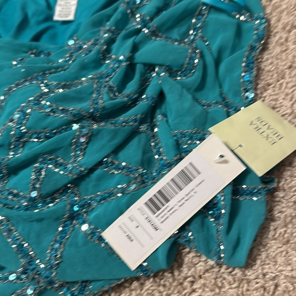 NWT J Kara Women's C-Neck with 3/4 Sleeve Beaded Long Dress Aqua Color Sz 8 - Picture 7 of 9